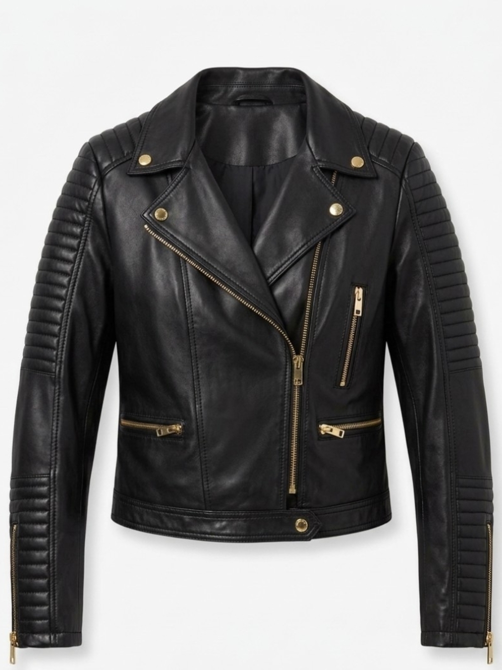 Black Leather Moto Jacket with Gold Hardware